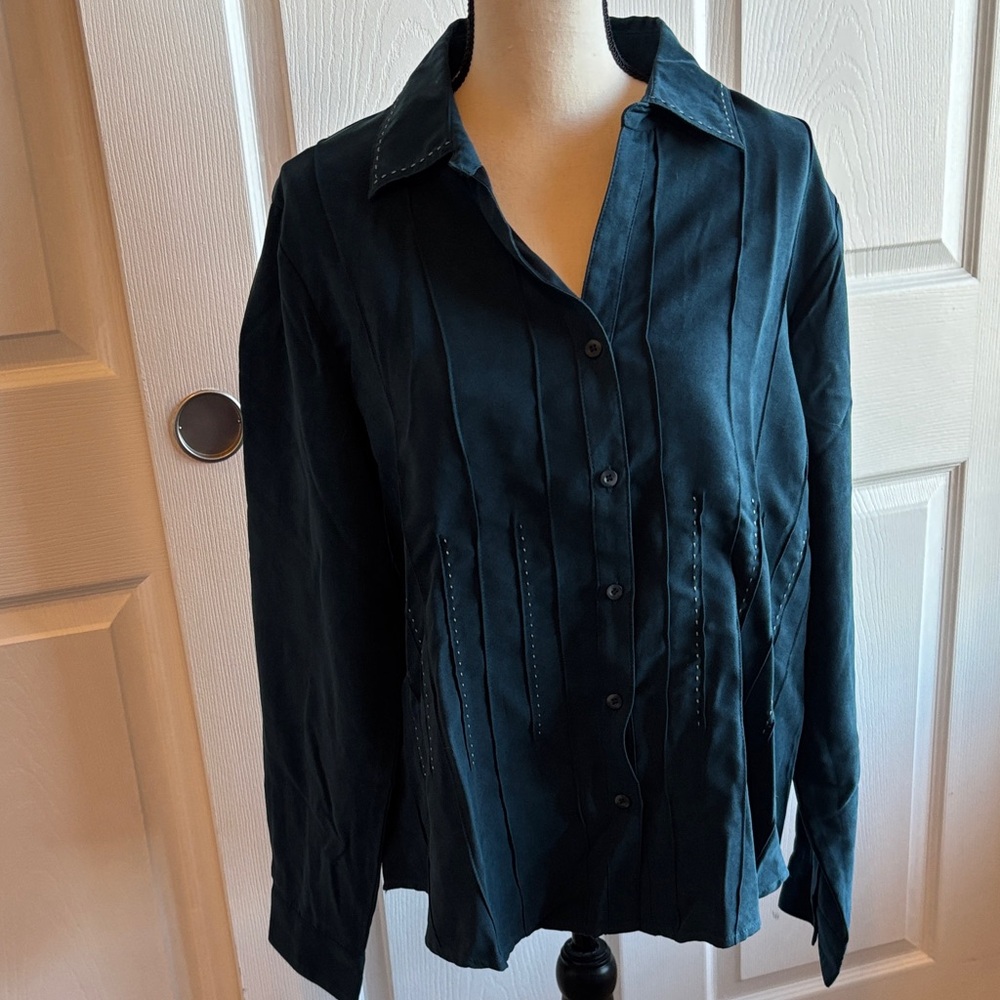 NEW💚Lemon Grass Studio Top Shirt Women’s Dark Teal Suede Button Up Blouse